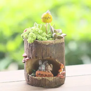 ROOGO Decorativo Rústico Árvore Casa Fairy Story Jardim <span class=keywords><strong>Stump</strong></span> Planter Animal Miniatura Resina Suculento Bonsai Pots Casa e jardinagem - Product Image 1