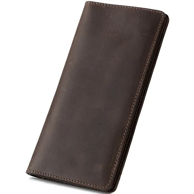 Genuine Leather Wallet Vintage Mens Long Checkbook Holder Bifold Travel Cash Case