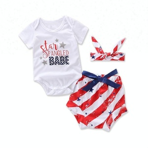 Infantile Vêtements Coton Rouge Blanc Bande Vêtements Ensembles Enfants Patriotique Fille Juillet 4ème Jour Barboteuse - Product Image 1