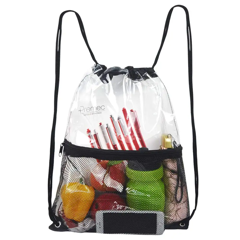 Clear Drawstring Bag, PVC Drawstring Backpack with Front Zipper Mesh Pocket