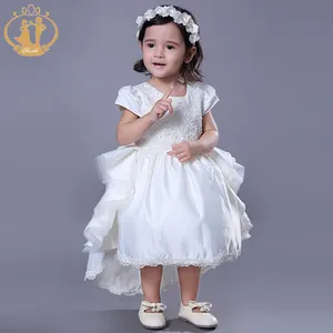 NIMBLE Bows Beaded Satin White Boutique Girls Dresses Wedding Apparel Kids Communion Clothes Baby Pageant Party Trailing Frock