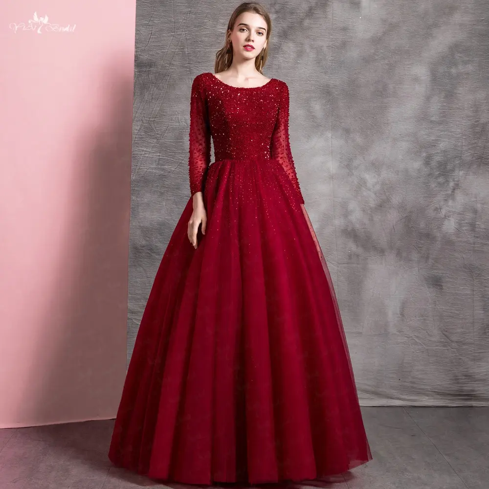 LZF096 Kích Thước Lớn Phụ Nữ Ăn Mặc Buổi Tối Ăn Mặc Dài Tay Áo Nặng Beading Bóng Gown Dài Prom Dress Robe De Soiree