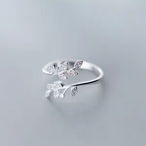 Top Quality CZ Zircon Olive Branch Leaves Women Wedding Rings Adjustable Silver 925 Jewelry