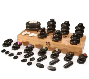 Mt Deluxe 64Pcs Professional Custom Natural Energy Black Cold Stone Basalt Hot Stone Spa Massage Stone Set with a Bamboo Box
