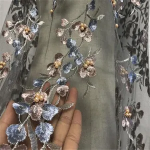 Organza elegante tela de tul bordado con cuentas tela para vestido de novia de la boda de nuevo diseño