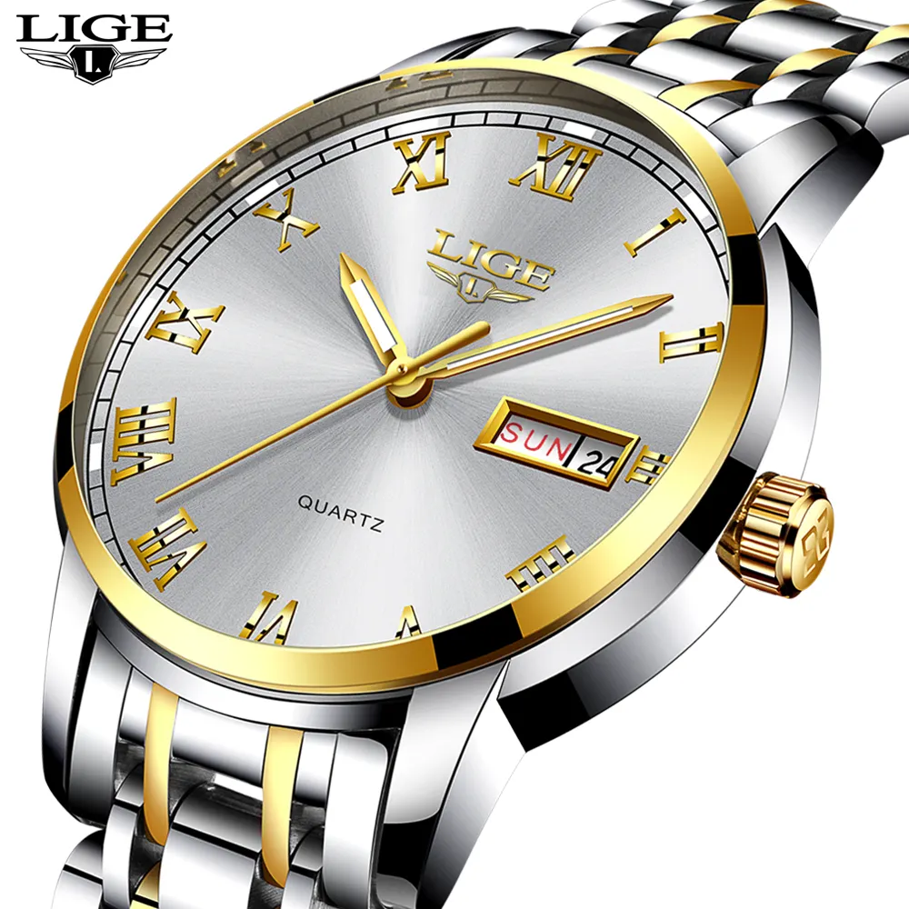 LIGE นาฬิกาควอตซ์ลำลองสำหรับผู้ชาย,นาฬิกาข้อมือแฟชั่นอัลลอยเรืองแสงเหล็กกลมอนาล็อกแบบหัวเข็มขัด42มม. 22มม. 12มม. กันน้ำ3BAR