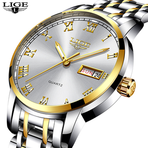 LIGEカジュアルメンズクォーツウォッチラウンドアナログバックルタイプルミナススチール最新合金ファッション42mm 22mm12mm防水時計3BAR