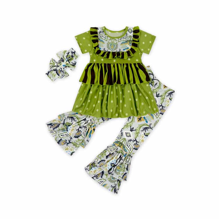 Пользовательские двойной рюшами Экипировка цветочным рисунком для маленьких девочек; комплекты одежды