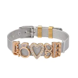 New Style Two Tone Bracelet Combined love Heart CZ Slider Charms Wristband Stainless Steel Strap Metal Charm Mesh Bracelet