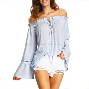 Latest fashion design off-the-shoulder bell sleeve lady blouse