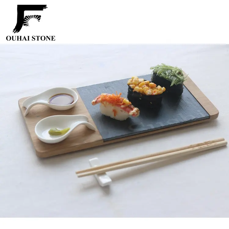 Bandeja de sushi slate natural com placa de bambu, cerâmica, tigelas e hashi, adequado para 30x14cm
