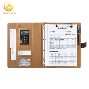 PU Leather Custom Padfolio A4 Size With Calculator A5 4-holes Ring Binder With Snap Closure