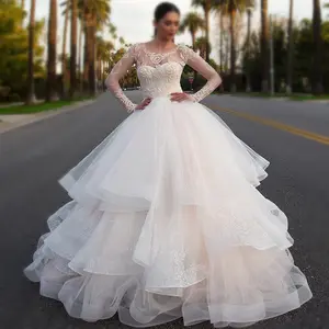 Váy Cô Dâu Tay Dài Váy Cưới Cô Bé Lọ Lem Váy CướI Ren Châu Phi Thương Hiệu Vestido De Novio Váy Cưới Cô Dâu Váy Cưới