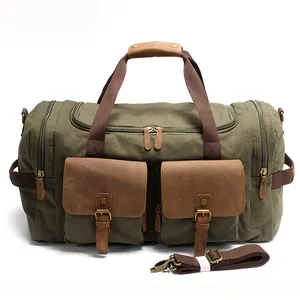 Bolsa de viagem vintage de lona, bolsa de lona de couro, de fim de semana, para noite, grande, sacola de viagem para homens e mulheres