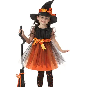Vestido infantil de bruxa para halloween, fantasia da moda, para crianças, vestido de festa