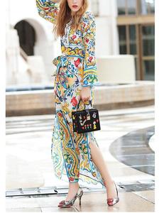 Charming Maxi Boho Dress 2019 Sprint Donne <span class=keywords><strong>A</strong></span> Maniche Lunghe <span class=keywords><strong>Con</strong></span> Cintura Fessura Stampa Floreale Abito <span class=keywords><strong>Lungo</strong></span> - Product Image 4