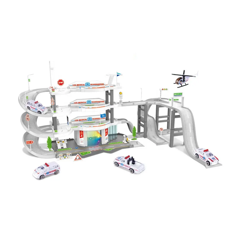 Cool Play Set Stad Parkeerplaats Speelgoed Spoor Auto Speelgoed Met 4 Pcs Legering Auto 'S En 1 Pcs Helikopter.