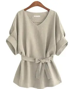 Mùa Hè Phụ Nữ Áo Cánh Linen Áo Sơ Mi V Cổ Lớn Bow Batwing Tie Loose Phụ Nữ Áo Nữ Hàng Đầu Cho Tops 5XL 10% Off - Product Image 1