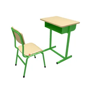 Attached design wood&steel Single school desk with bench for high school/university/college school