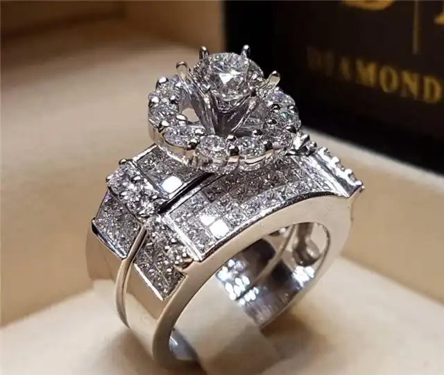 Oval Moissanite Engagement Ring Set Vintage White Gold Wedding Anniversary Ring  Set - AmandaFineJewelry