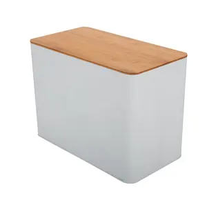 Kitchen White Large Wooden Bamboo Lid Cut Board Metal Bread Box Case Storage Bin