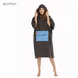New style black hooded poncho beach towel with blue stowable pocket