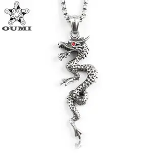 OUMI Wholesale Jewelry Supplier Vintage Style Stainless Steel Men's Red Agate Fly Chinese dragon pendant For Gifts