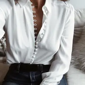 Ebay מכירה לוהטת נשים קיץ חולצה חולצות לחצן בתוספת גודל ארוך שרוול חולצה
