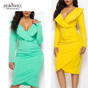 Fashion Ready Made Deep V Neck Sexy Midi Dress Long Sleeve