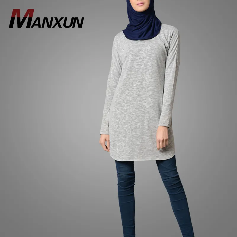 Moslim Dame Light Grey Eenvoudige Vlakte Katoenen Tuniek Lange Mouwen Elegant Tops Islamitische Kleding