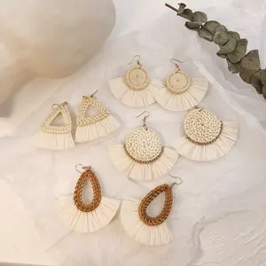 Natural Bamboo Earrings Rattan Earrings Geometric Recyclable Raffia Tassel Earrings