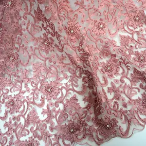 Handwork beaded applique tulle lace elusive pink embroidery mesh lace fabric for evening dress HY0931-1