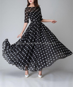 Maxi <span class=keywords><strong>abito</strong></span> in Chiffon a <span class=keywords><strong>pois</strong></span> bianco nero a <span class=keywords><strong>pois</strong></span> bianco elegante casual estivo da donna all'ingrosso 2022 - Product Image 1