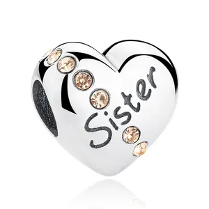 2019 New Style Qings I LOVE Sister Charm Beads Heart Pendant with Be Recognised Simulated Diamond -Cubic Zirconia, Birthday Gift