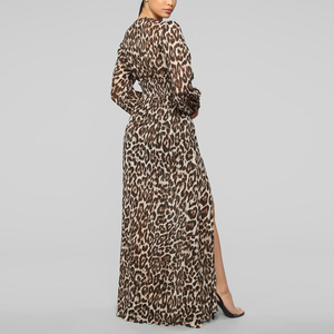 2019 nueva llegada verano europeo moda mujer cuello v manga larga maxi <span class=keywords><strong>vestido</strong></span> de <span class=keywords><strong>leopardo</strong></span> - Product Image 2
