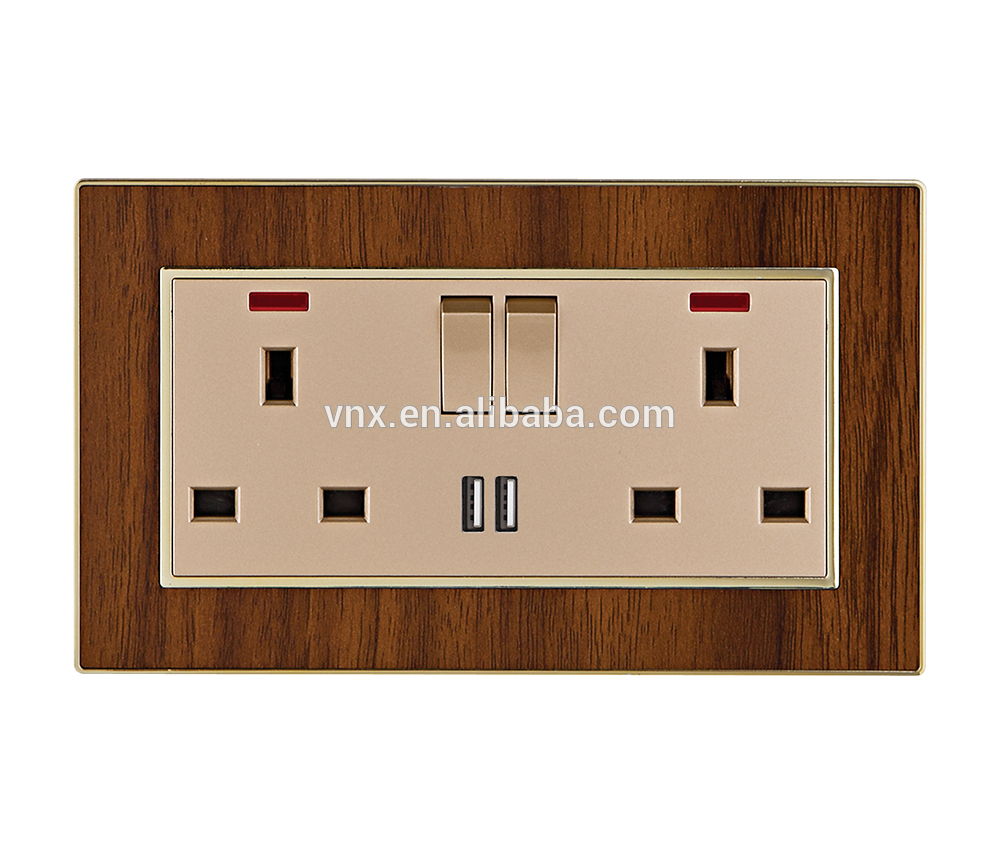 British Standard Double Wall Switches and Sockets Electrical Outlet Plug 2 Gang 2 USB Wall Socketes With Usb and Neon