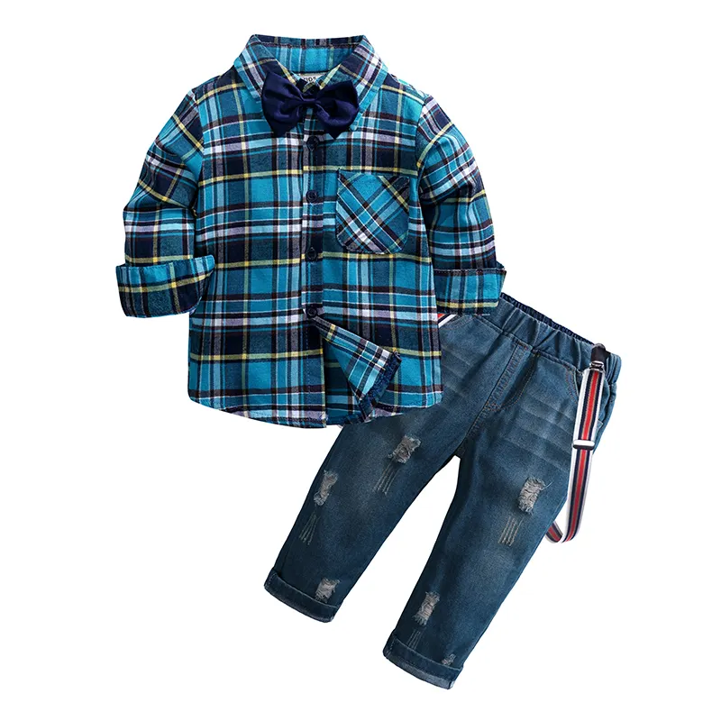 Herbst Kinder Kleidung Set Gentleman rot kariertes Hemd Jeans Mode Kinder Freizeit kleidung