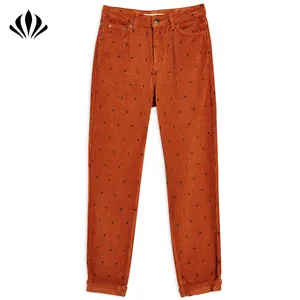 Women star pattern embroidered corduroy pants high rise 100% cotton zip fly pants