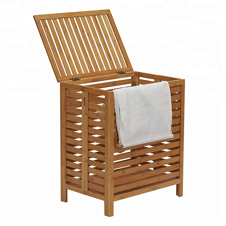 Natural Bamboo Laundry Hamper with Hinged Lid and Cotton Liner
