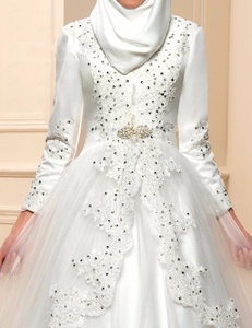 6001# Novità Ingrosso Abito da Sposa Vintage Lungo fino a Terra Modesto a Maniche Lunghe Linea ad A in Raso Pizzo e Perline per Matrimonio Musulmano Arabo - Product Image 4