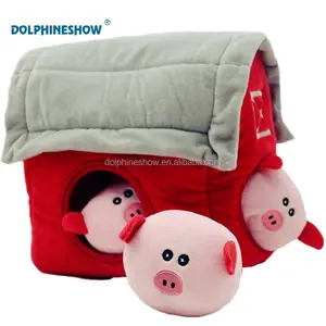隐藏和寻找有趣的 4 包宠物狗玩具套装自定义品牌标志填充动物毛绒软粉红色猪互动吱吱咀嚼狗玩具