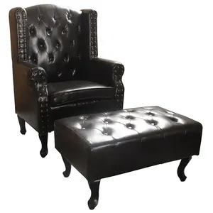 Factory Direct Sale Brown PU Nail Tufted Classic Style Wingback Single Chair With Ottoman