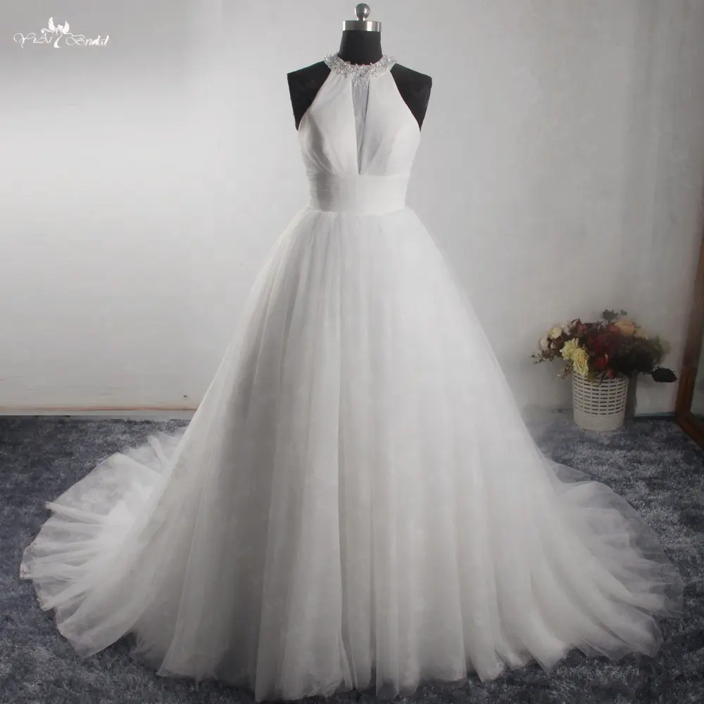 LZ272 Hoge Kwaliteit Eenvoudige Witte Kralen Wedding Gown Halter Backless Trouwjurk