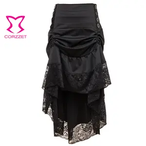 Черные плиссированные юбки Corzzet с высокой и низкой кружевной отделкой, в стиле стимпанк, ретро, Длинные готические юбки в Гуанчжоу, оптовая продажа с завода по индивидуальному заказу
