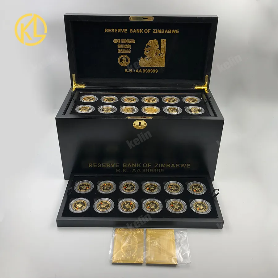 Freies Fedex Verschiffen 216pcs Gold überzogene Metall Zimbabw Banknote Münze holz box set mit zertifikate für VIP Kunden Geschenke