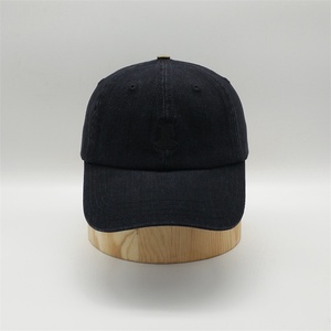 Mit verstellbarem Lederband Custom 6 Panel Black Denim Stickerei Strap back Baseball Dad Hut Kappen