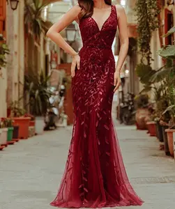 Vestido rojo de cola de pez de cintura alta con hojas sin mangas bordado temperamento elegante ZYL114