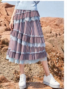 High Quality <strong>Plus</strong> <strong>Size</strong> Casual Ladies Striped Ruffles Lace 100% Polyester Long <strong>Maxi</strong> <strong>Skirt</strong> - Product Image 5
