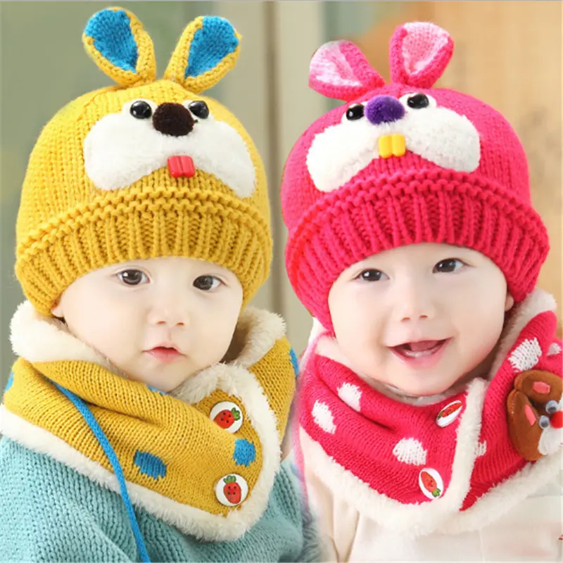 Sombrero de invierno cálido para bebé, 2 uds., gorros de punto para niño, gorro de lana con orejas de conejo, gorro, bufanda, conjunto de varias piezas 2019