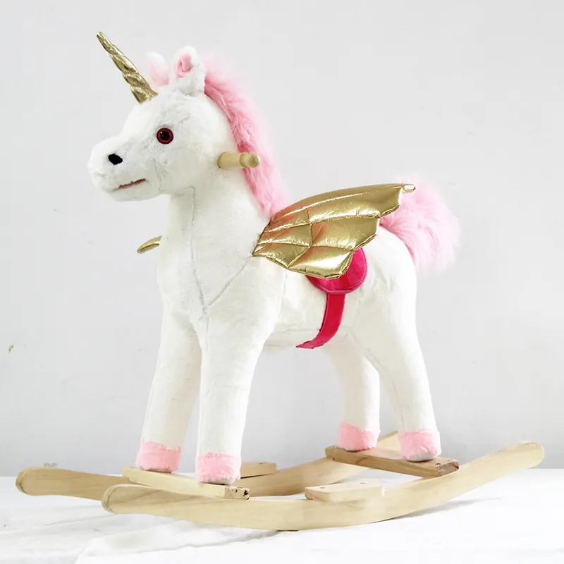 Children Ride on Toy Animal Unicorn Rocking Horse Plush Rocking Unicorn Toy with Golden Wings